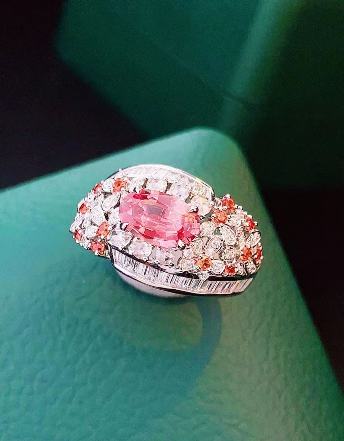 1.12ct Natural Padparadscha Sapphire and Diamond Cluster Ring 18K White Gold R6616 Aurora Designer