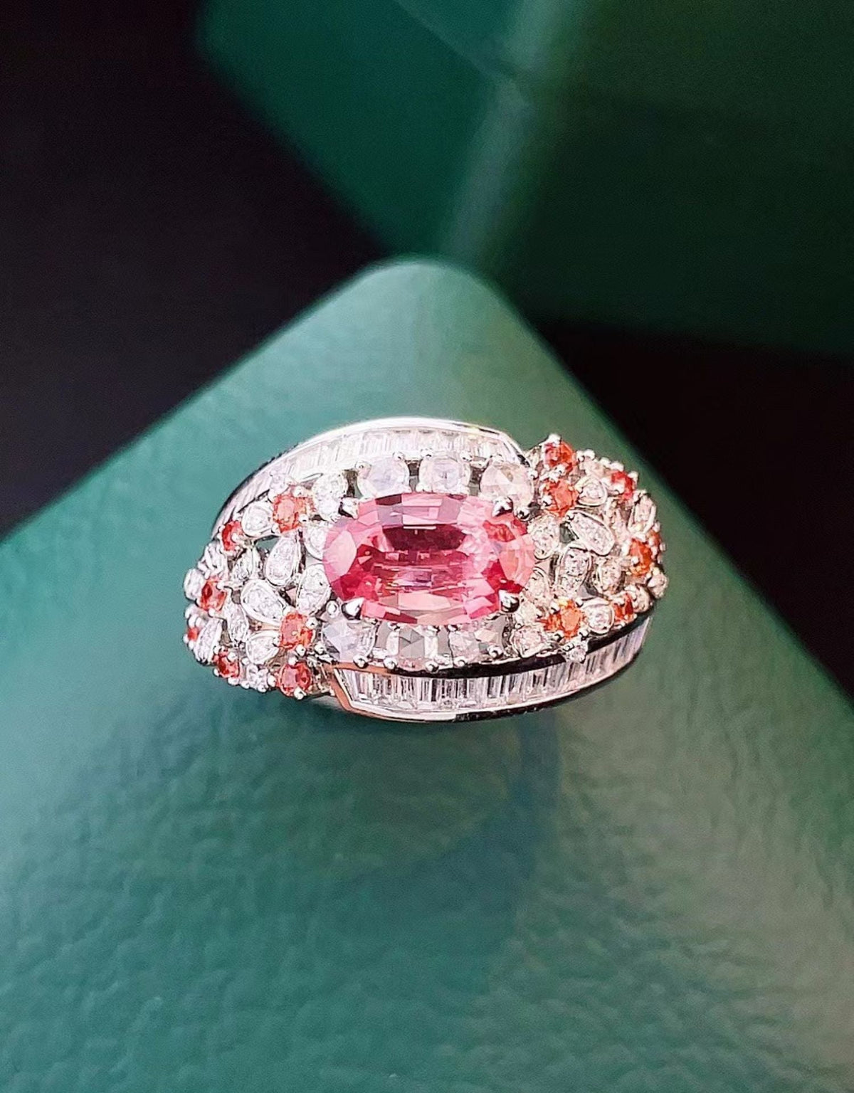 1.12ct Natural Padparadscha Sapphire and Diamond Cluster Ring 18K White Gold R6616 Aurora Designer