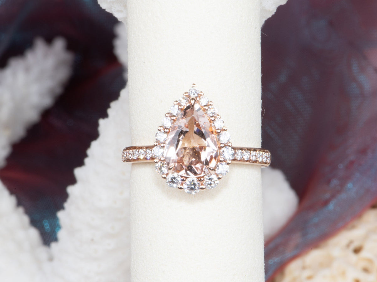 1.64ct Soft Pink Morganite 14K Rose Gold Engagement Ring with Diamond Halo R6617 Aurora Designer