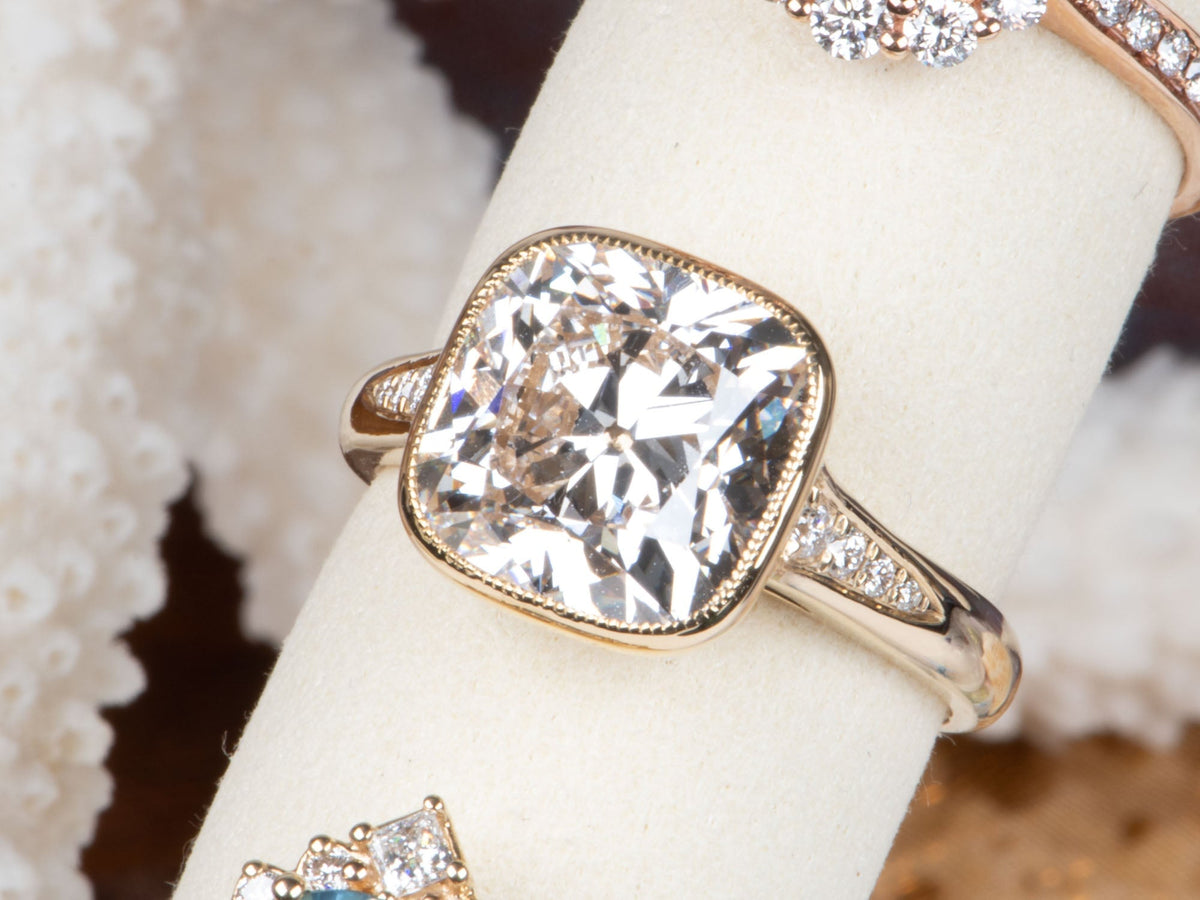 5.34ct Old European Cushion Cut Lab Diamond in Milgrain Bezel Set Engagement Ring 14K Gold IGI Certified R6788 Aurora Designer