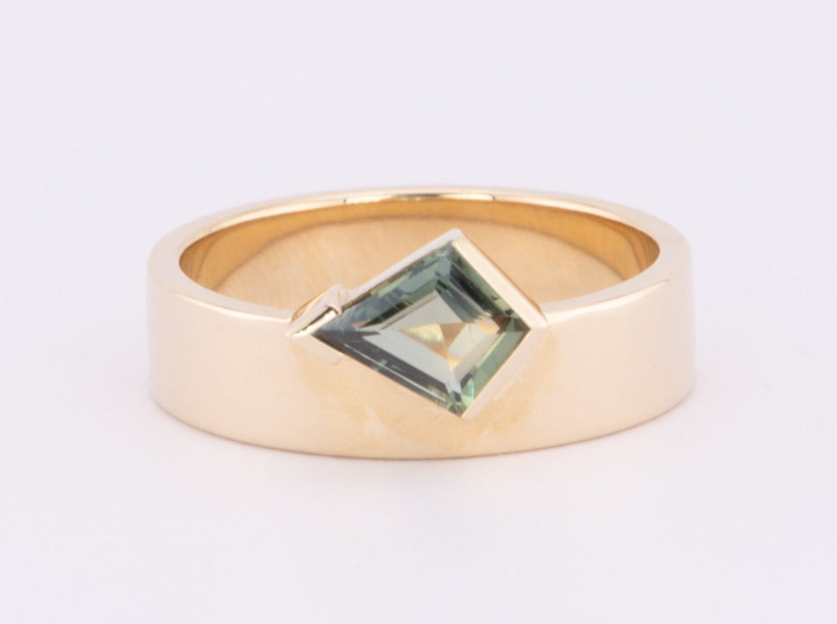 1.01ct Teal Sapphire Half Bezel Set on Wide Band 14K Gold Engagement Ring R6618 Aurora Designer