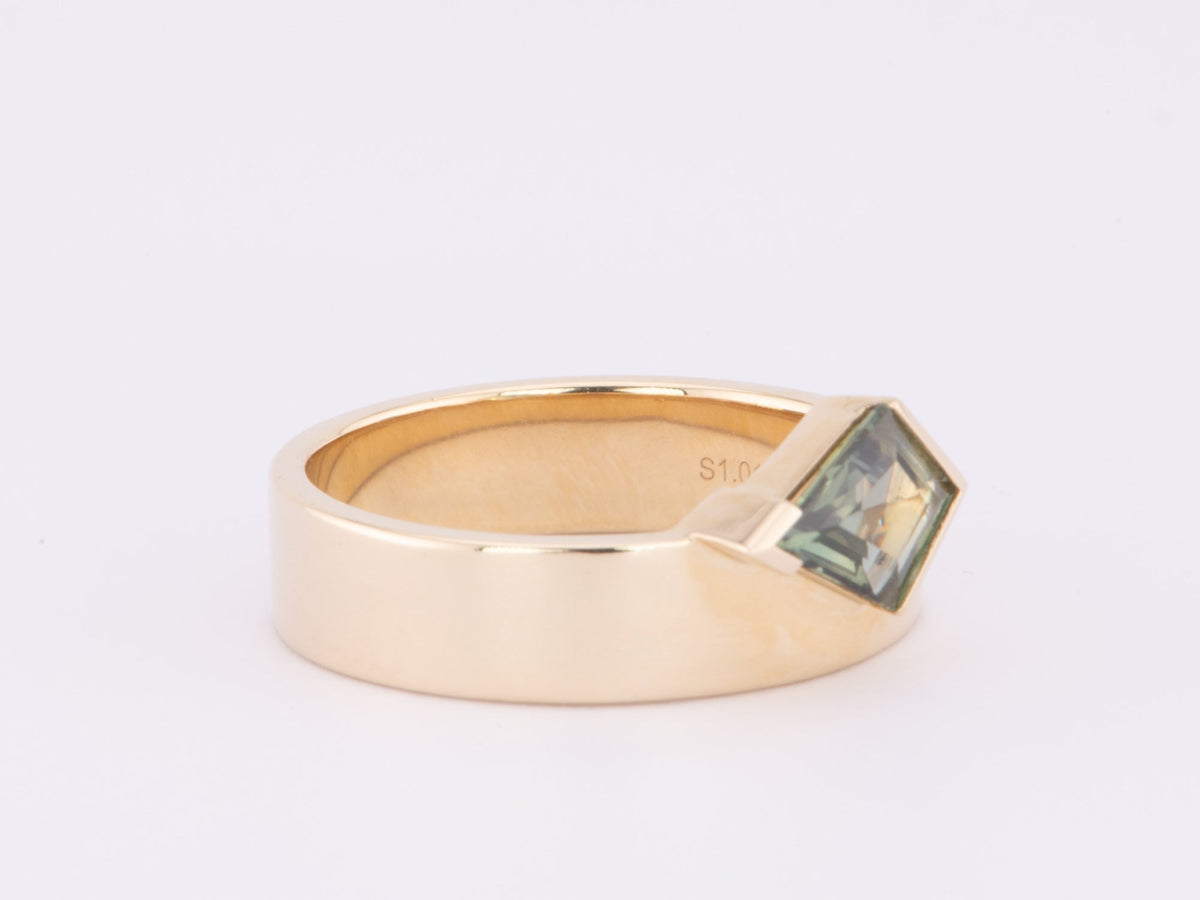 1.01ct Teal Sapphire Half Bezel Set on Wide Band 14K Gold Engagement Ring R6618 Aurora Designer