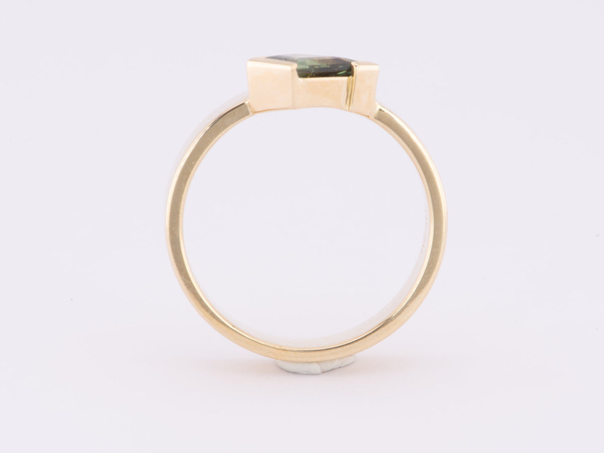1.01ct Teal Sapphire Half Bezel Set on Wide Band 14K Gold Engagement Ring R6618 Aurora Designer