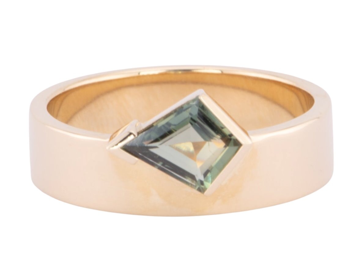 1.01ct Teal Sapphire Half Bezel Set on Wide Band 14K Gold Engagement Ring R6618 Aurora Designer