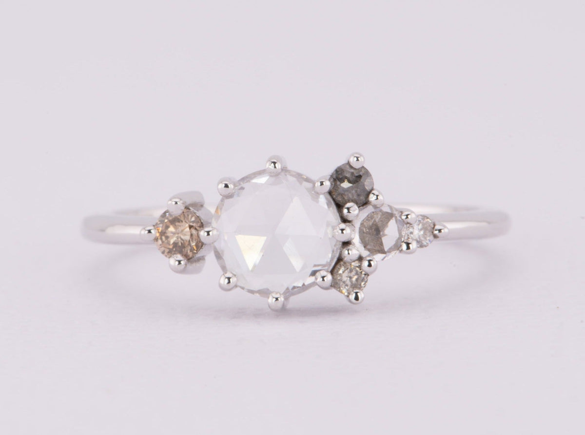 6mm Rose Cut White Sapphire Champagne Diamond Engagement Ring 14K White Gold R6620 Aurora Designer