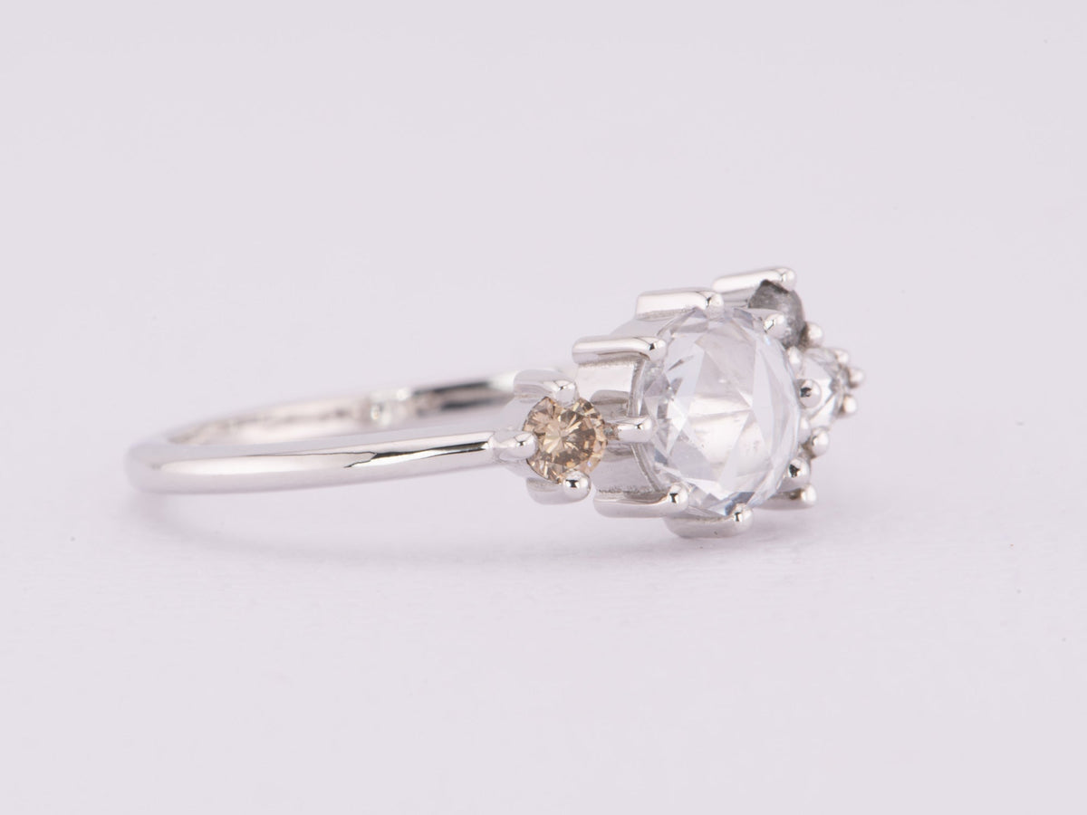 6mm Rose Cut White Sapphire Champagne Diamond Engagement Ring 14K White Gold R6620 Aurora Designer