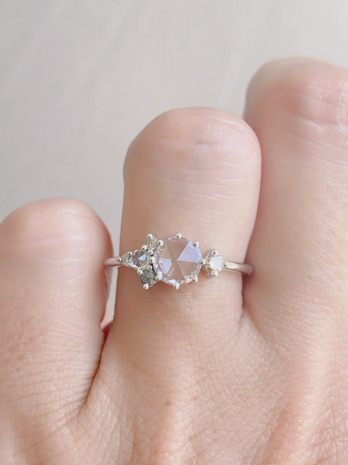 6mm Rose Cut White Sapphire Champagne Diamond Engagement Ring 14K White Gold R6620 Aurora Designer