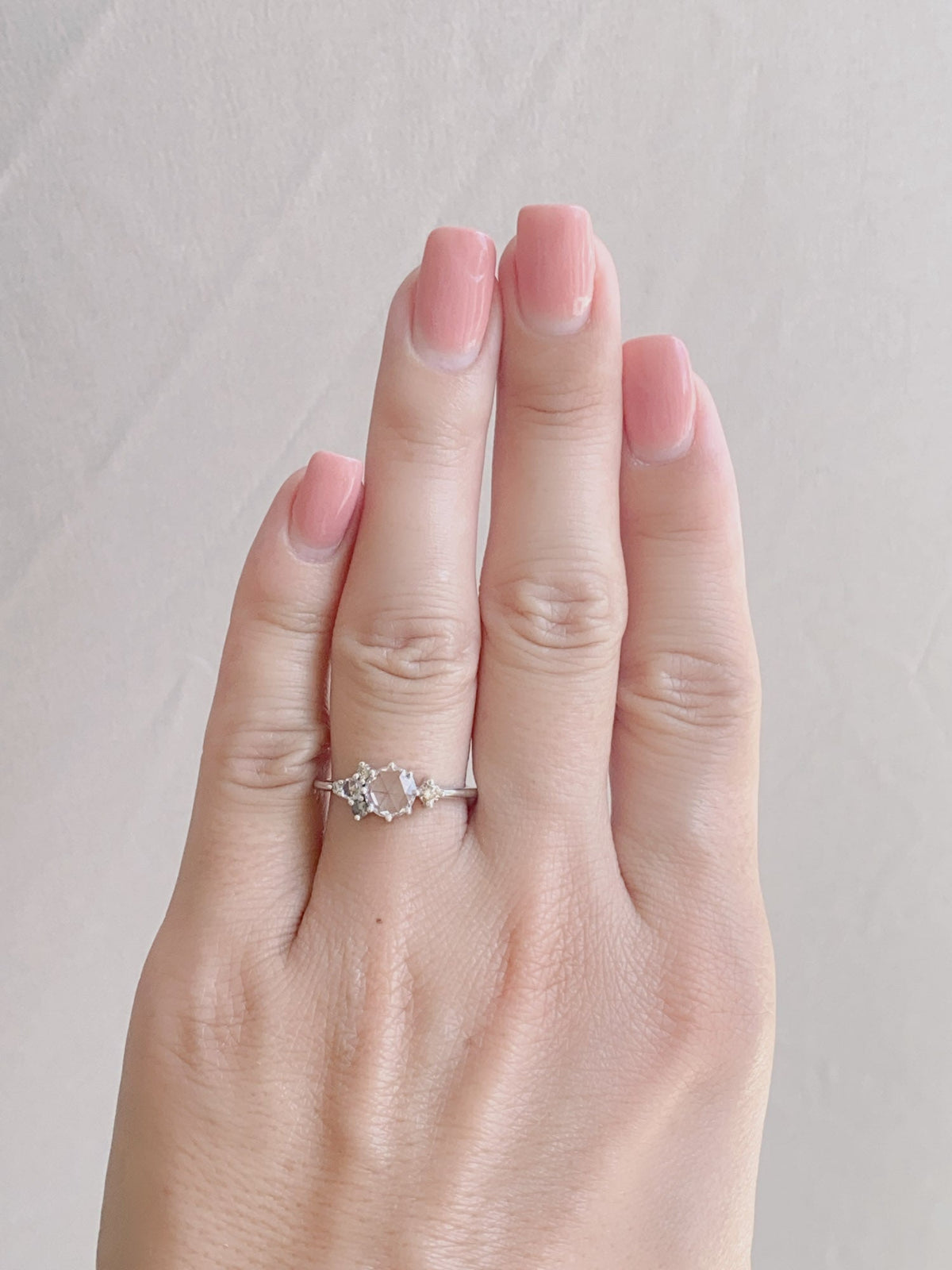 6mm Rose Cut White Sapphire Champagne Diamond Engagement Ring 14K White Gold R6620 Aurora Designer