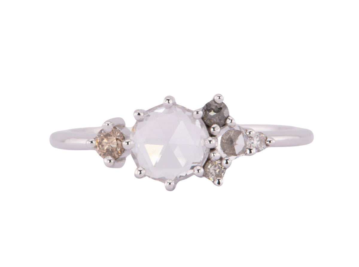 6mm Rose Cut White Sapphire Champagne Diamond Engagement Ring 14K White Gold R6620 Aurora Designer