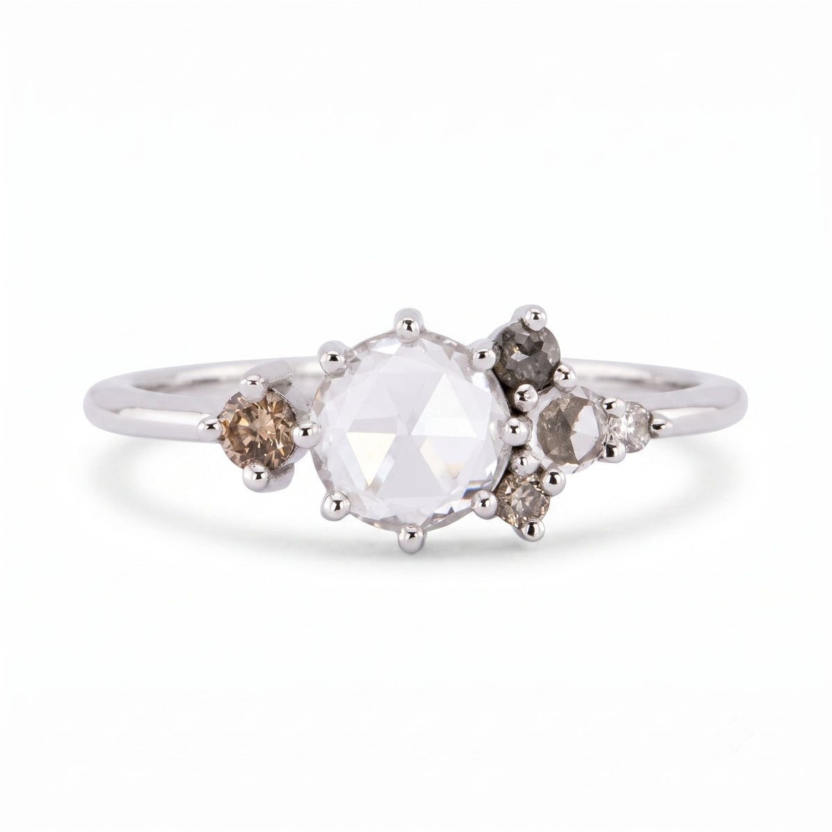 14K White Gold Rose Cut White Sapphire &amp; Champagne Diamond Engagement Ring R6620 Aurora Designer
