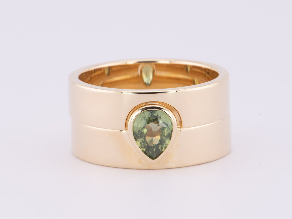 1.13ct Green Sapphire Bezel Set Wide Band Bridal Set 14K Gold 11.68g R6623 Aurora Designer