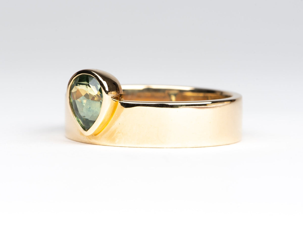 1.13ct Green Sapphire Bezel Set Wide Band Bridal Set 14K Gold 11.68g R6623 Aurora Designer