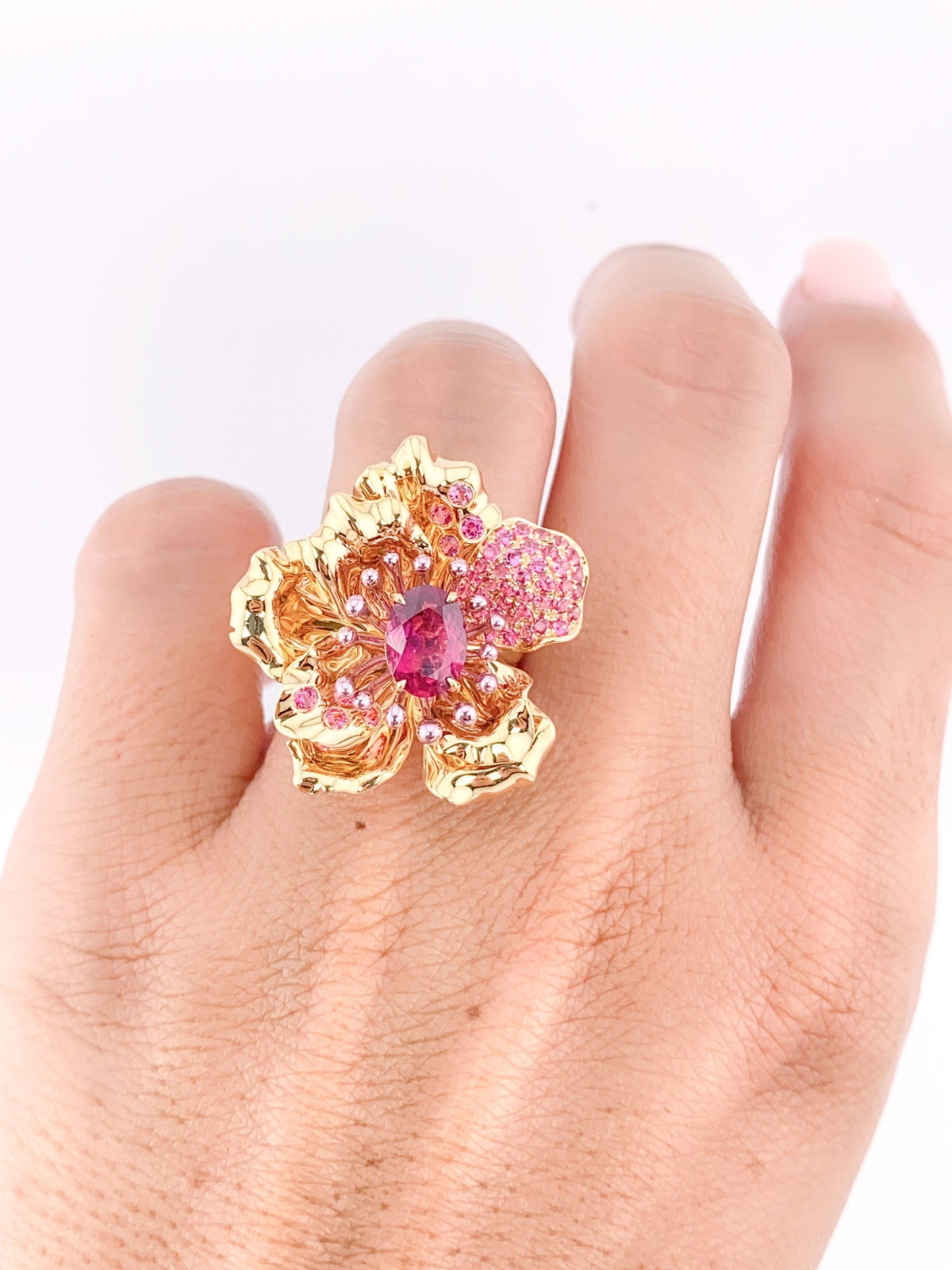 Art Jewelry Rubellite Tourmaline Center Flower Ring / Pendant Convertible 18K Gold R6641 Aurora Designer