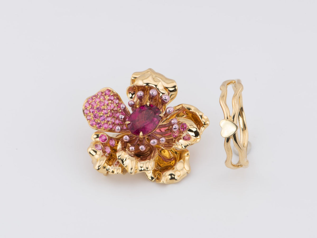 Art Jewelry Rubellite Tourmaline Center Flower Ring / Pendant Convertible 18K Gold R6641 Aurora Designer