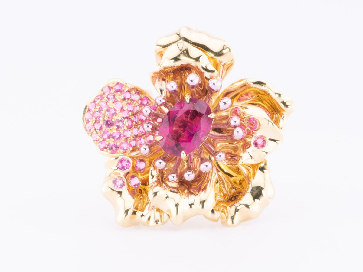 Art Jewelry Rubellite Tourmaline Center Flower Ring / Pendant Convertible 18K Gold R6641 Aurora Designer