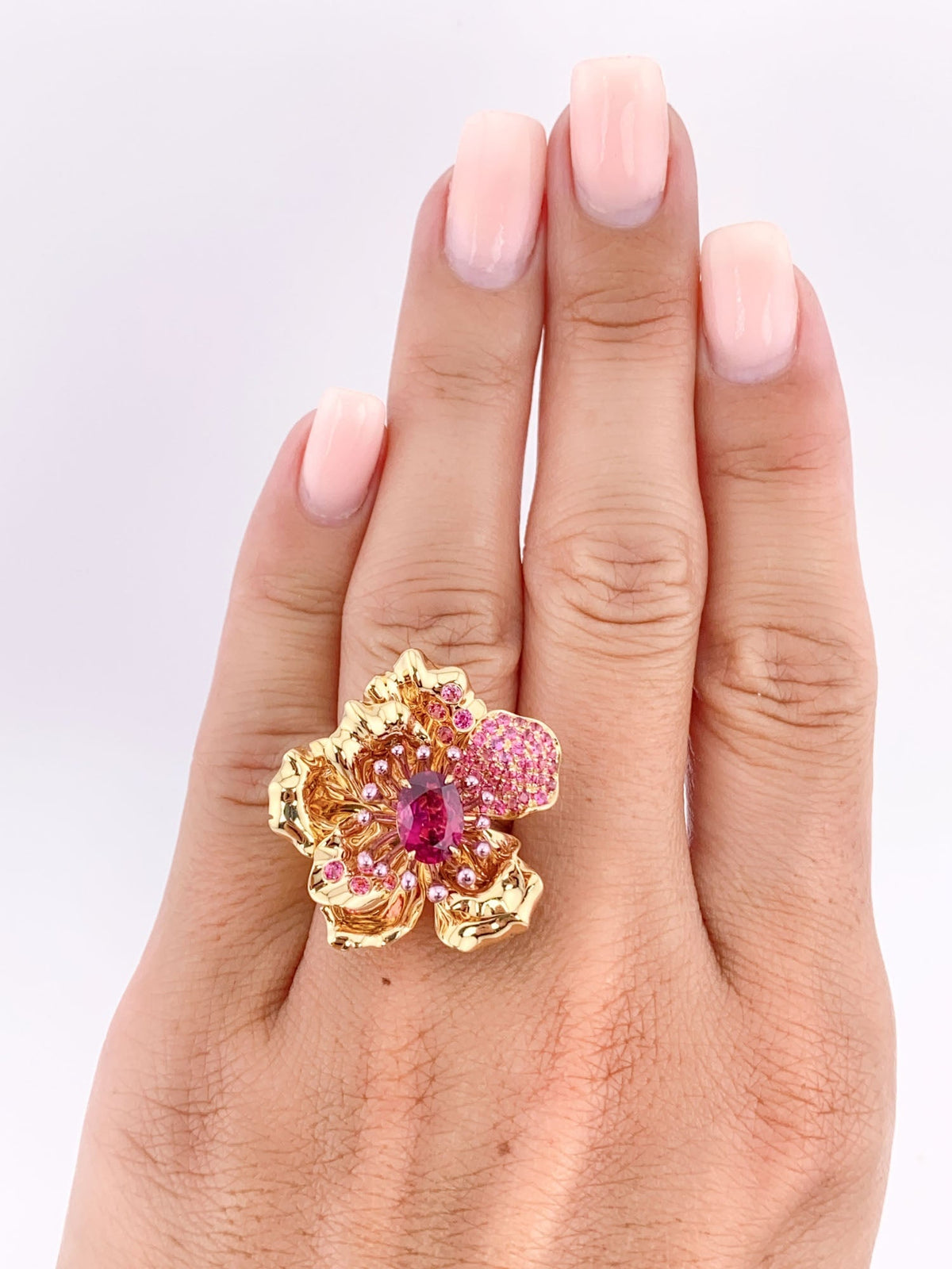 Art Jewelry Rubellite Tourmaline Center Flower Ring / Pendant Convertible 18K Gold R6641 Aurora Designer