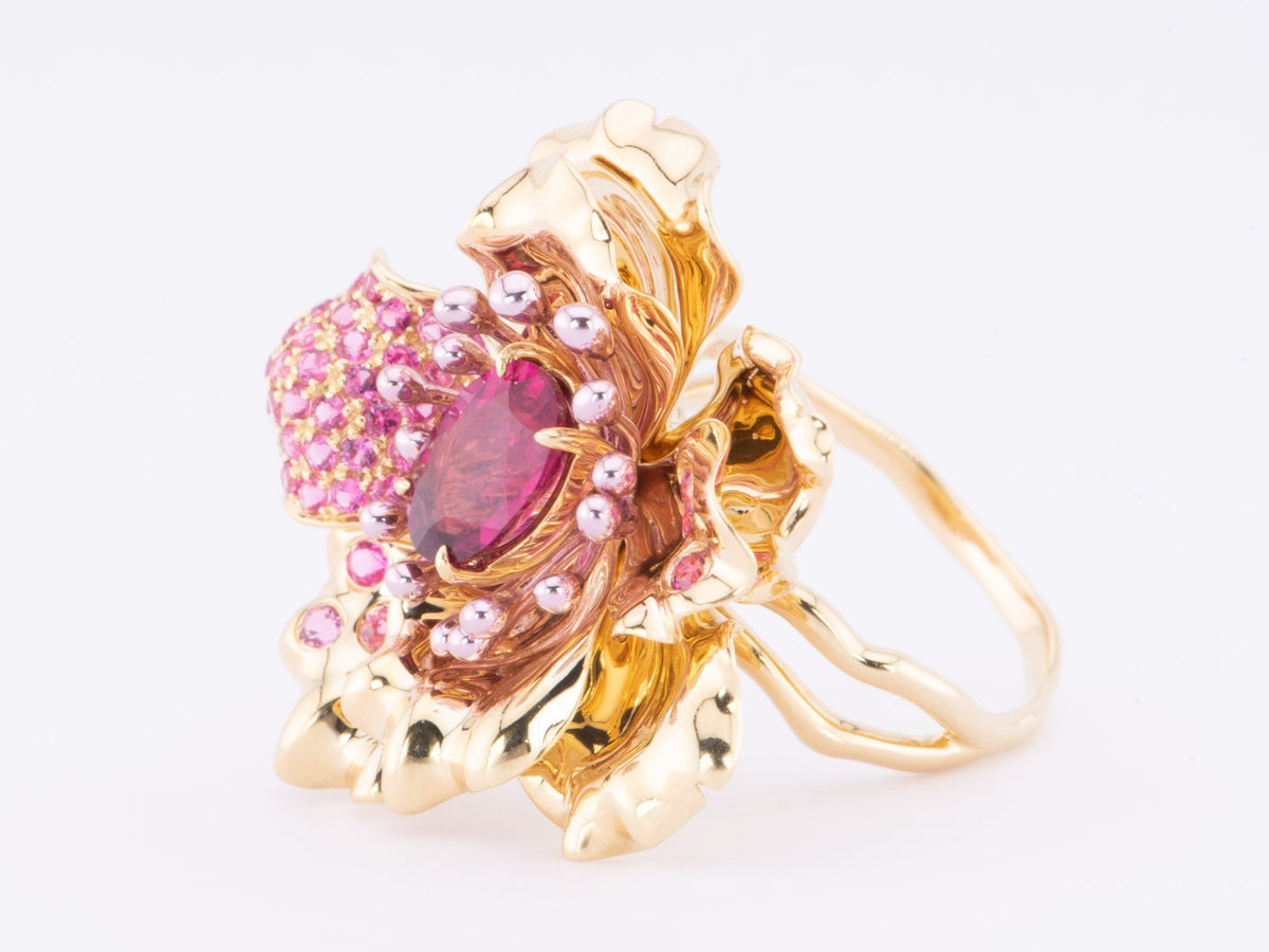 Art Jewelry Rubellite Tourmaline Center Flower Ring / Pendant Convertible 18K Gold R6641 Aurora Designer