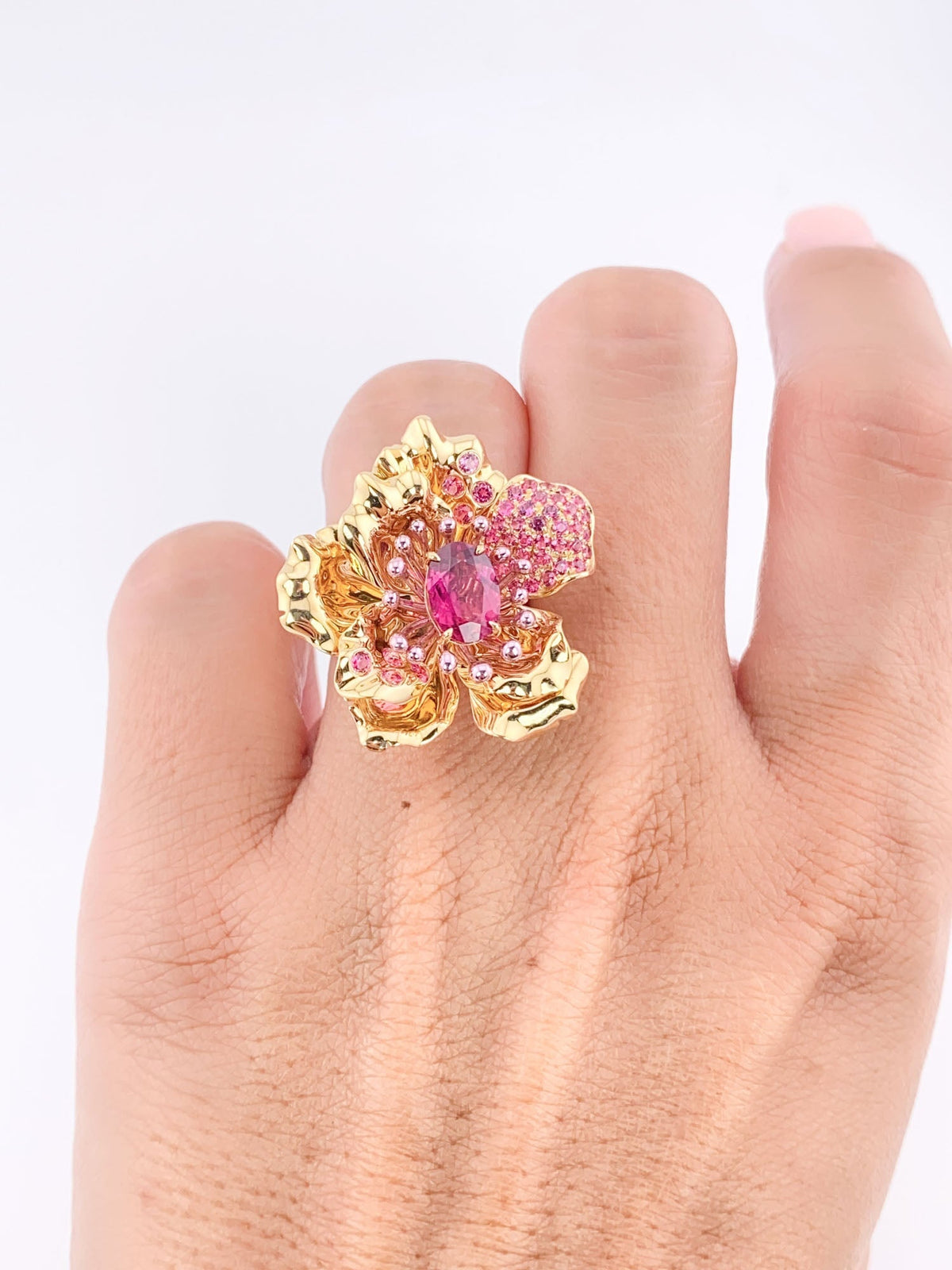 Art Jewelry Rubellite Tourmaline Center Flower Ring / Pendant Convertible 18K Gold R6641 Aurora Designer