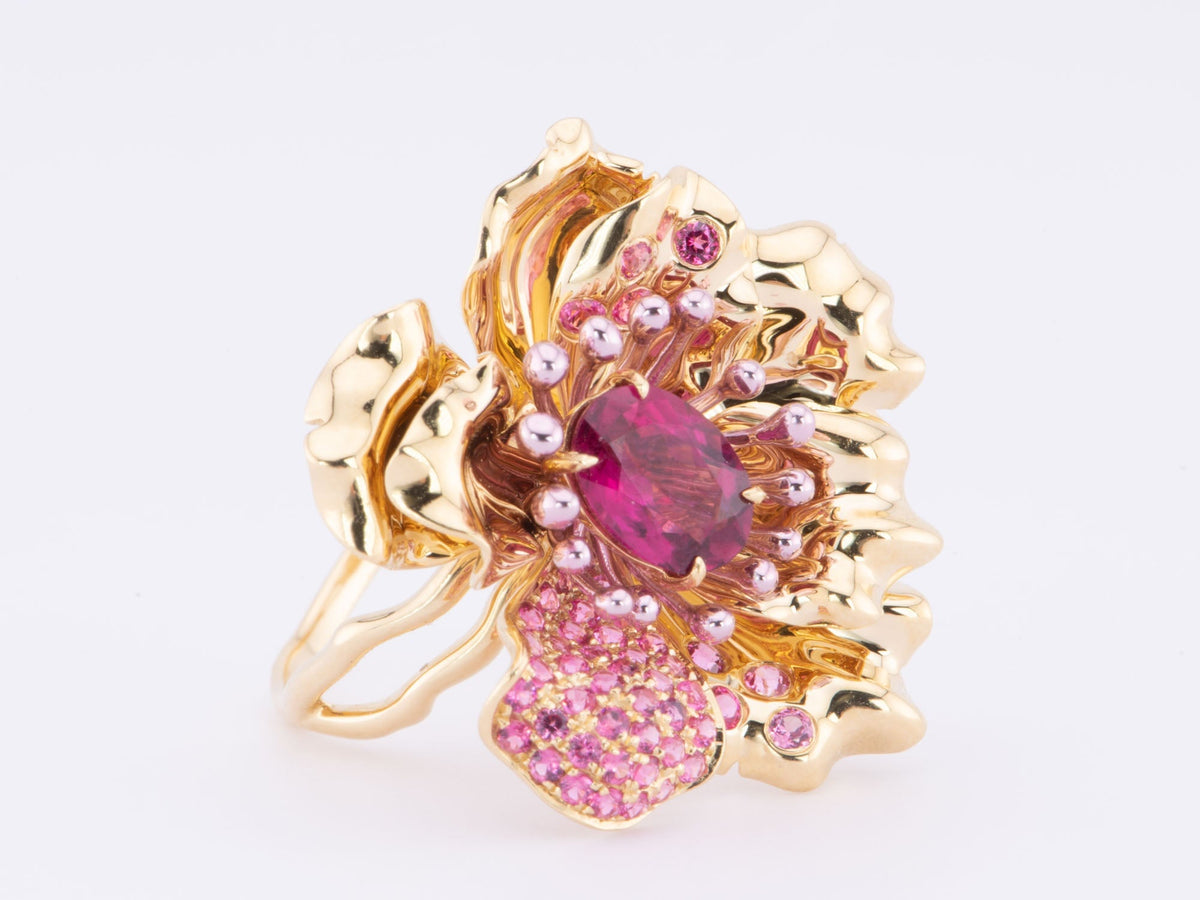 Art Jewelry Rubellite Tourmaline Center Flower Ring / Pendant Convertible 18K Gold R6641 Aurora Designer
