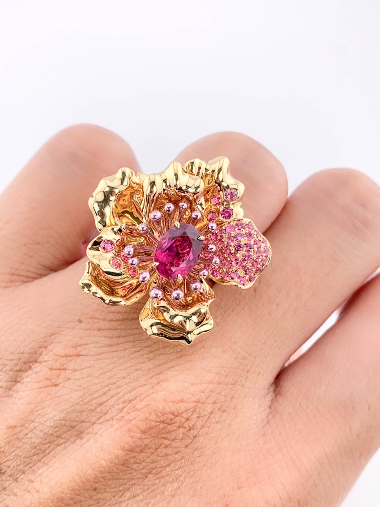 Art Jewelry Rubellite Tourmaline Center Flower Ring / Pendant Convertible 18K Gold R6641 Aurora Designer