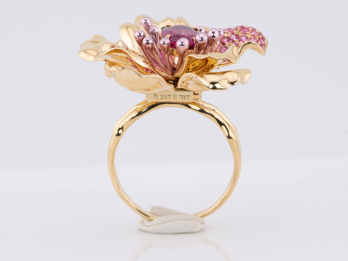 Art Jewelry Rubellite Tourmaline Center Flower Ring / Pendant Convertible 18K Gold R6641 Aurora Designer