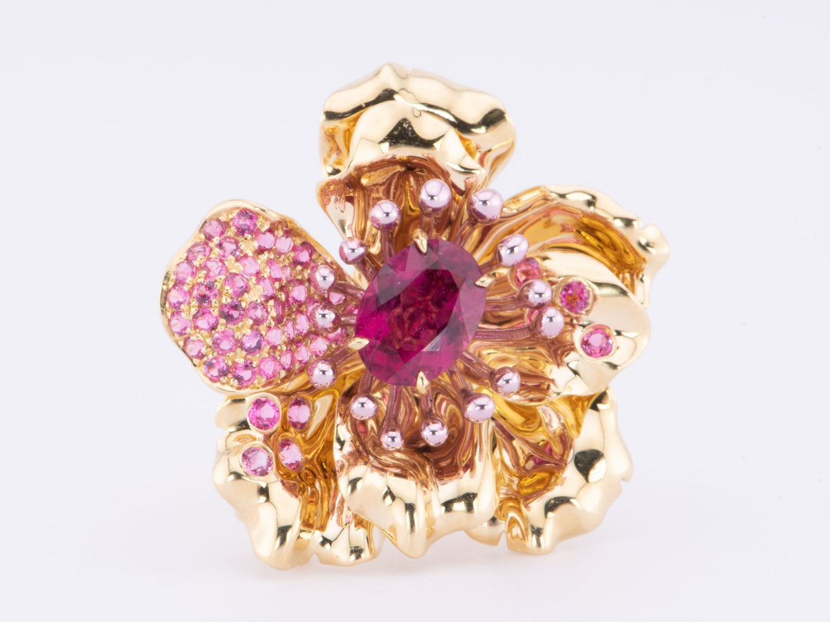 Art Jewelry Rubellite Tourmaline Center Flower Ring / Pendant Convertible 18K Gold R6641 Aurora Designer