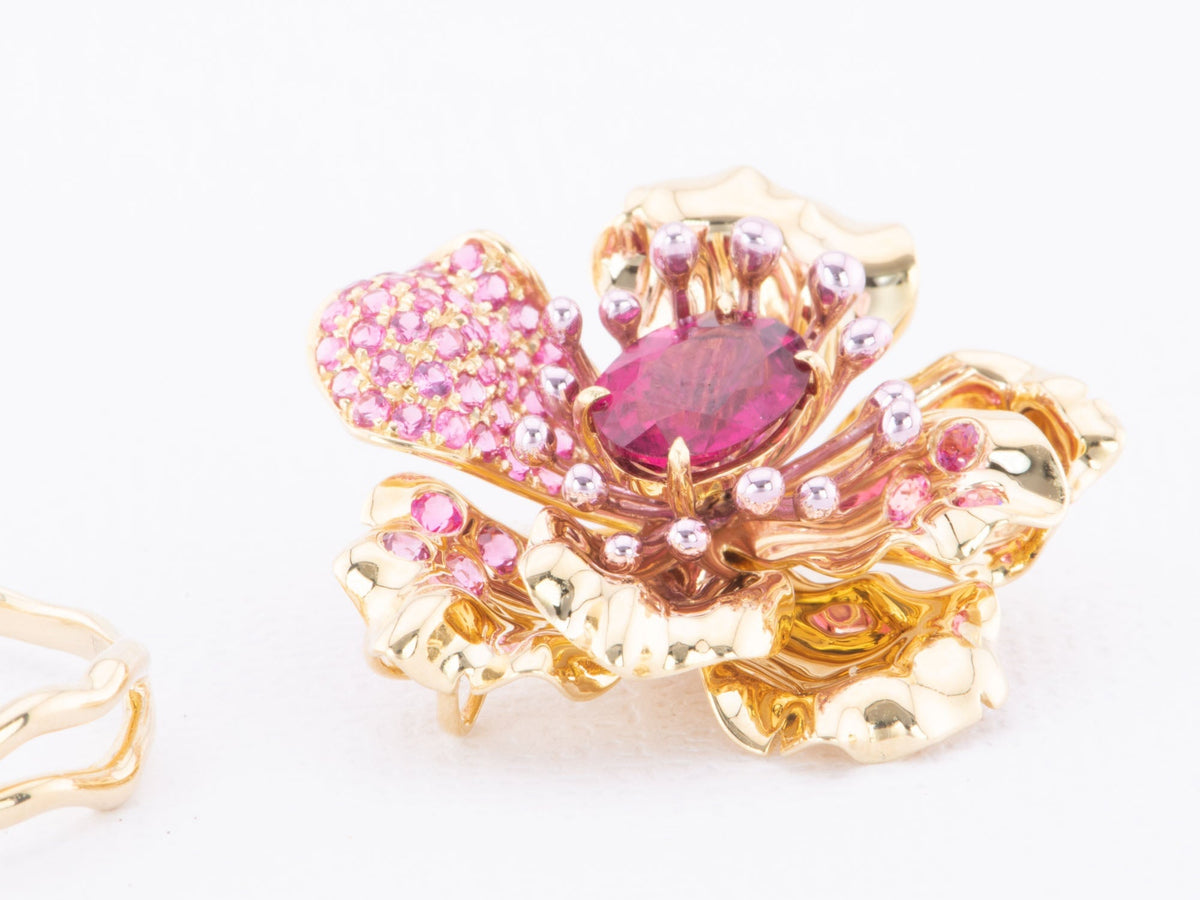 Art Jewelry Rubellite Tourmaline Center Flower Ring / Pendant Convertible 18K Gold R6641 Aurora Designer