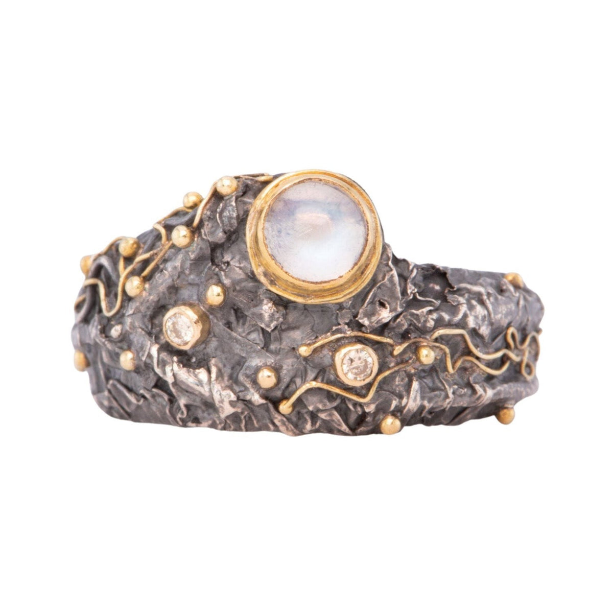 Unique Textured Wide Band Ring Moonstone Diamonds Sterling Silver 18K Gold R6645 Aurora Designer