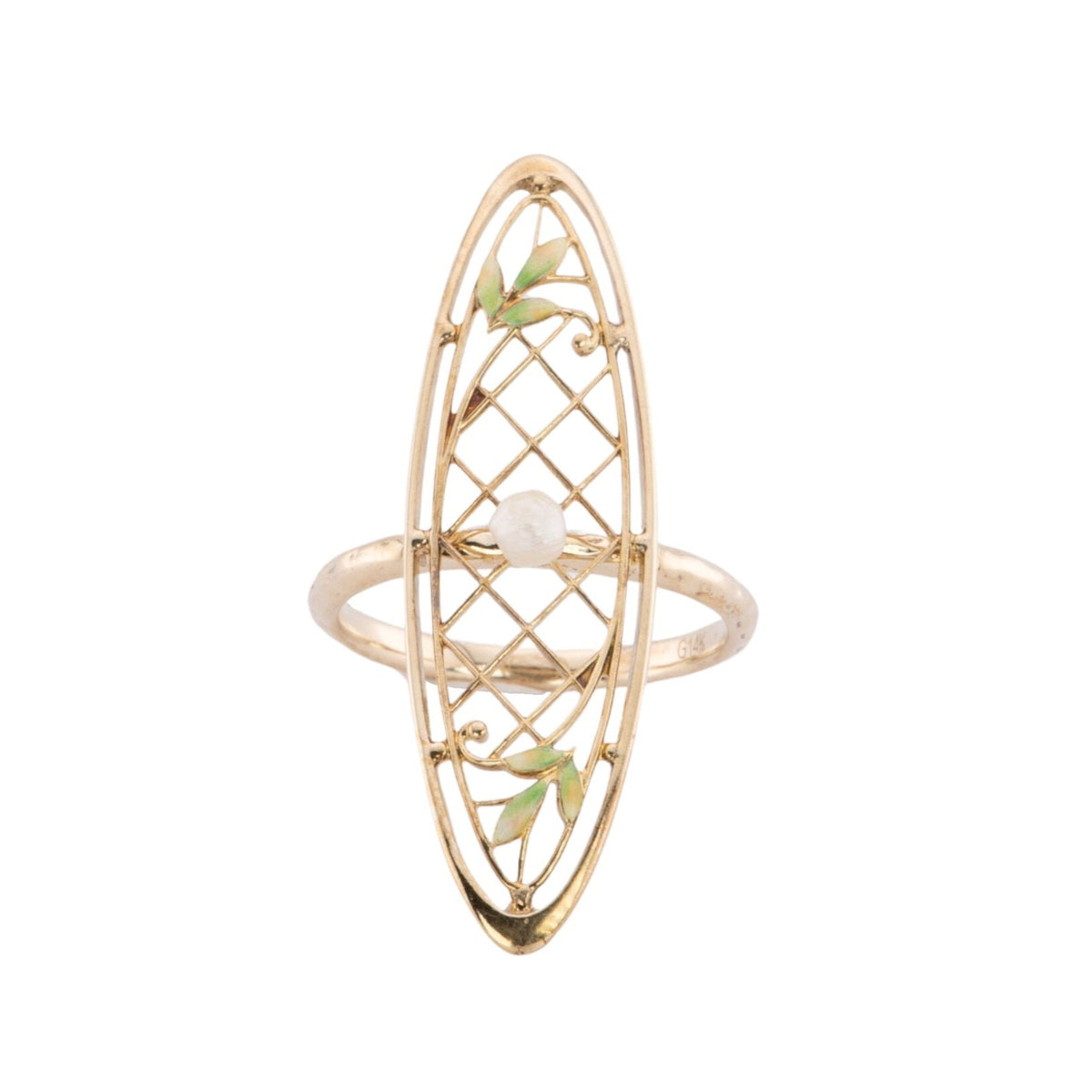 14K Gold Navette Ring Vintage Pin Conversion with Natural Pearl and Enamel R6647 Aurora Designer