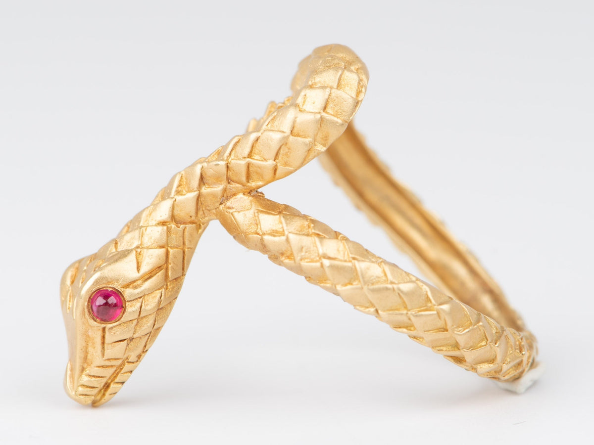 18K Gold Snake Coil Ring with Ruby Eyes 7g+ Unique Scale Skin Texture R6666 Aurora Designer