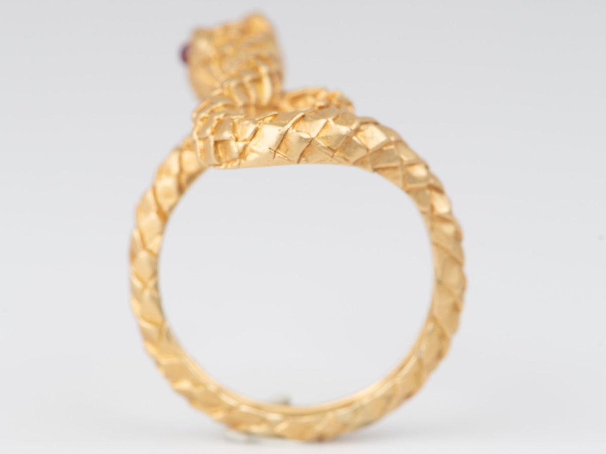 18K Gold Snake Coil Ring with Ruby Eyes 7g+ Unique Scale Skin Texture R6666 Aurora Designer