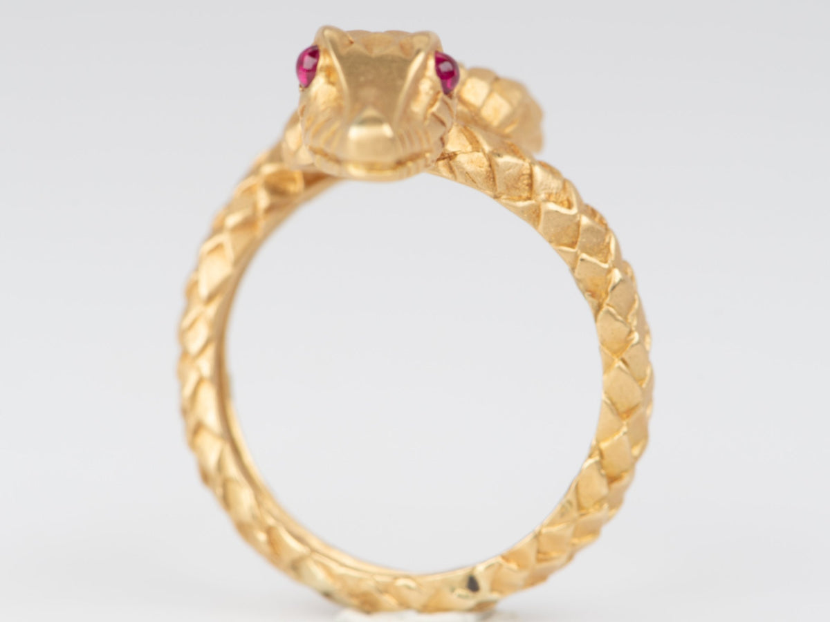18K Gold Snake Coil Ring with Ruby Eyes 7g+ Unique Scale Skin Texture R6666 Aurora Designer