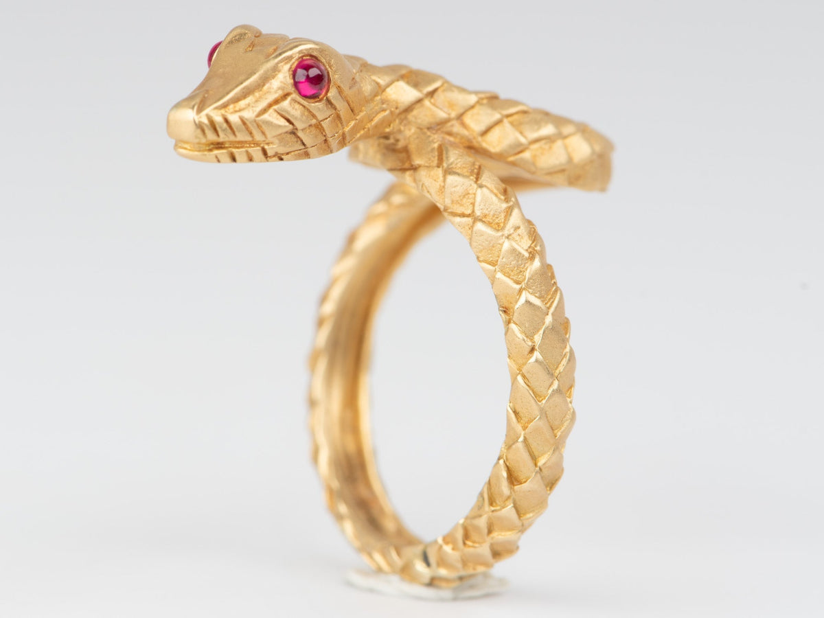 18K Gold Snake Coil Ring with Ruby Eyes 7g+ Unique Scale Skin Texture R6666 Aurora Designer