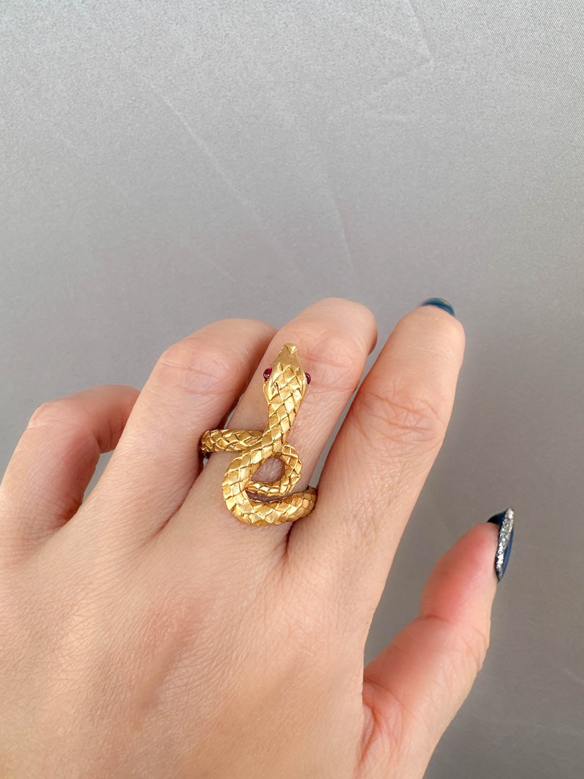 18K Gold Snake Coil Ring with Ruby Eyes 7g+ Unique Scale Skin Texture R6666 Aurora Designer