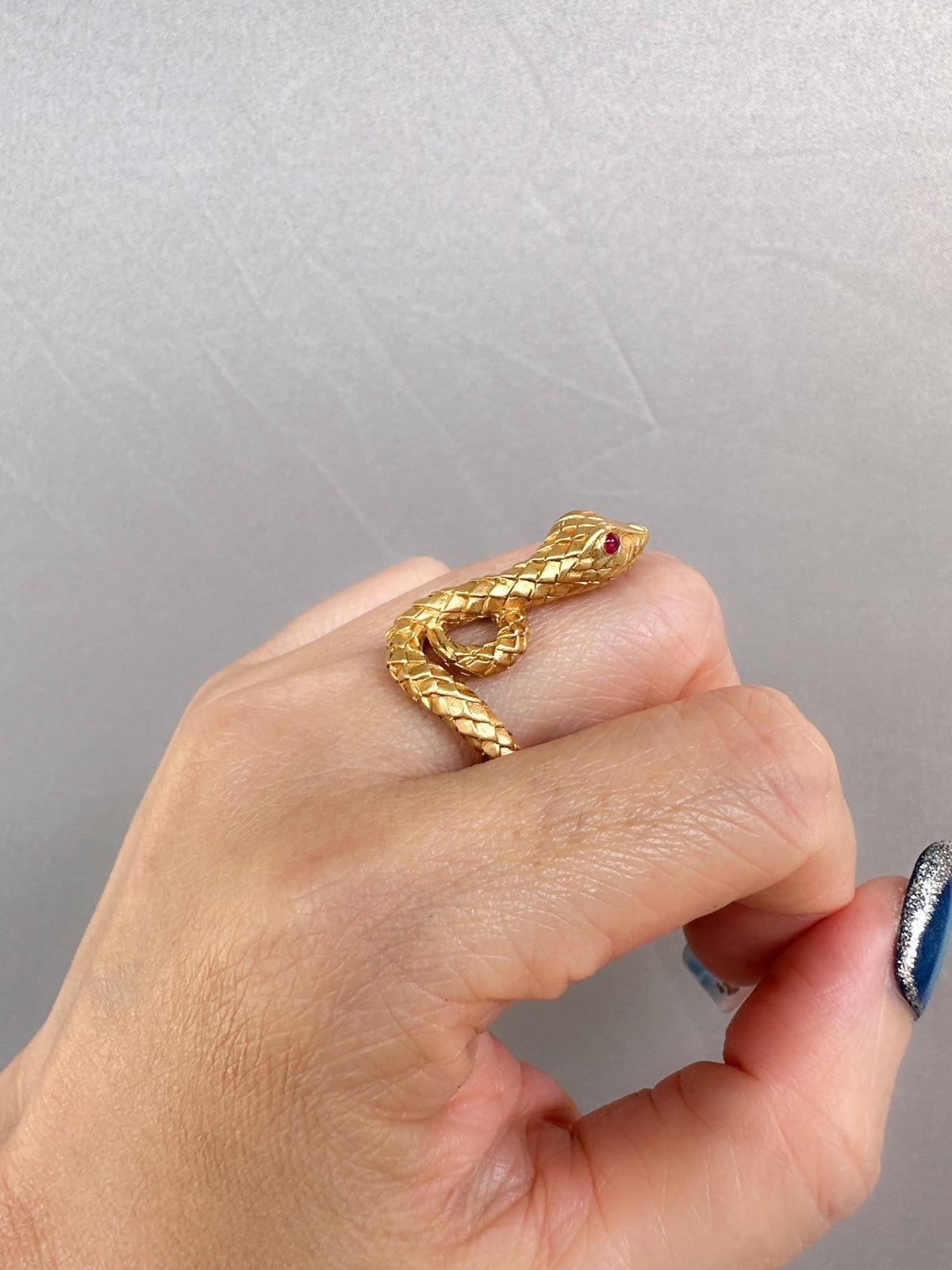 18K Gold Snake Coil Ring with Ruby Eyes 7g+ Unique Scale Skin Texture R6666 Aurora Designer