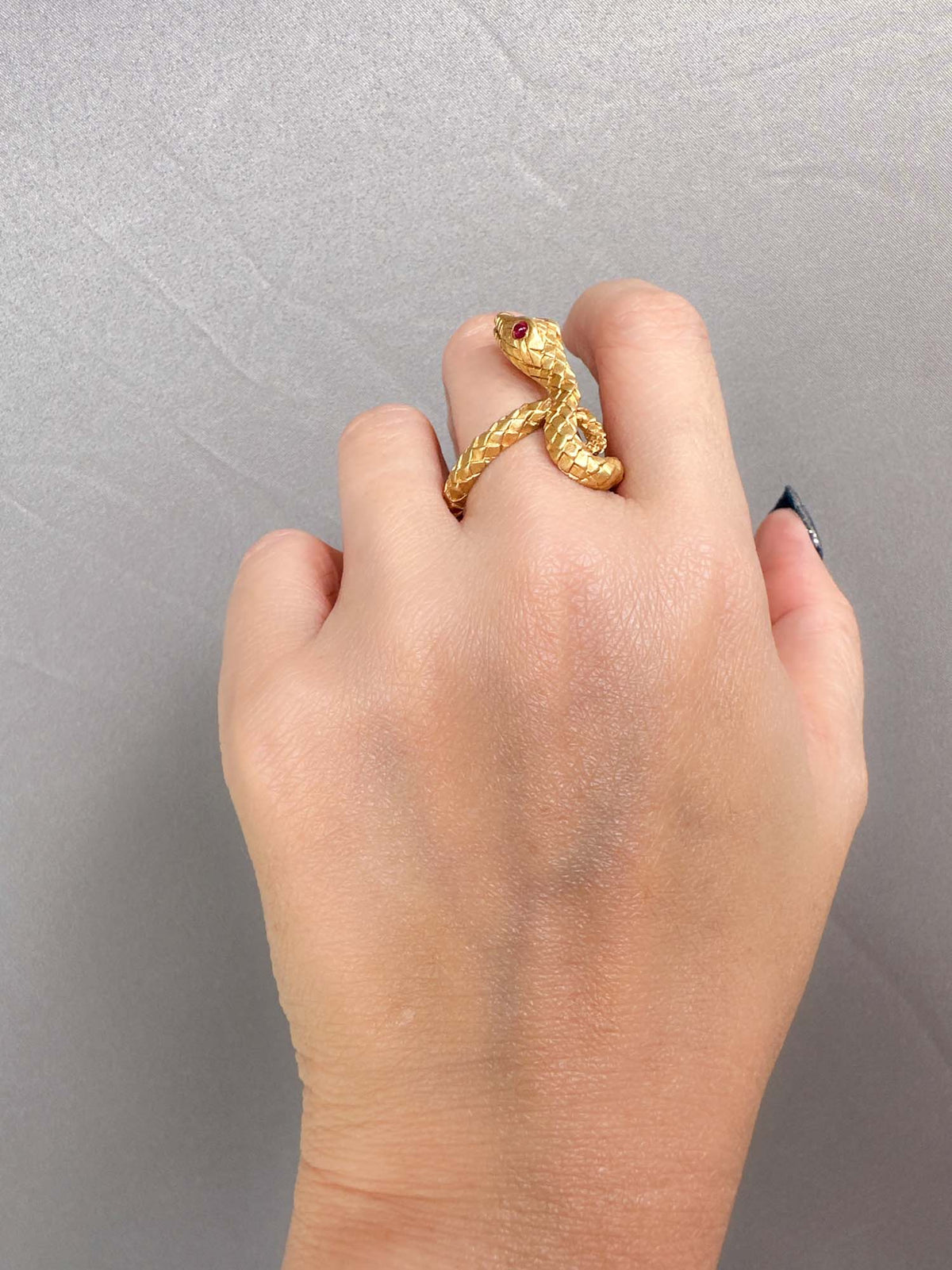 18K Gold Snake Coil Ring with Ruby Eyes 7g+ Unique Scale Skin Texture R6666 Aurora Designer
