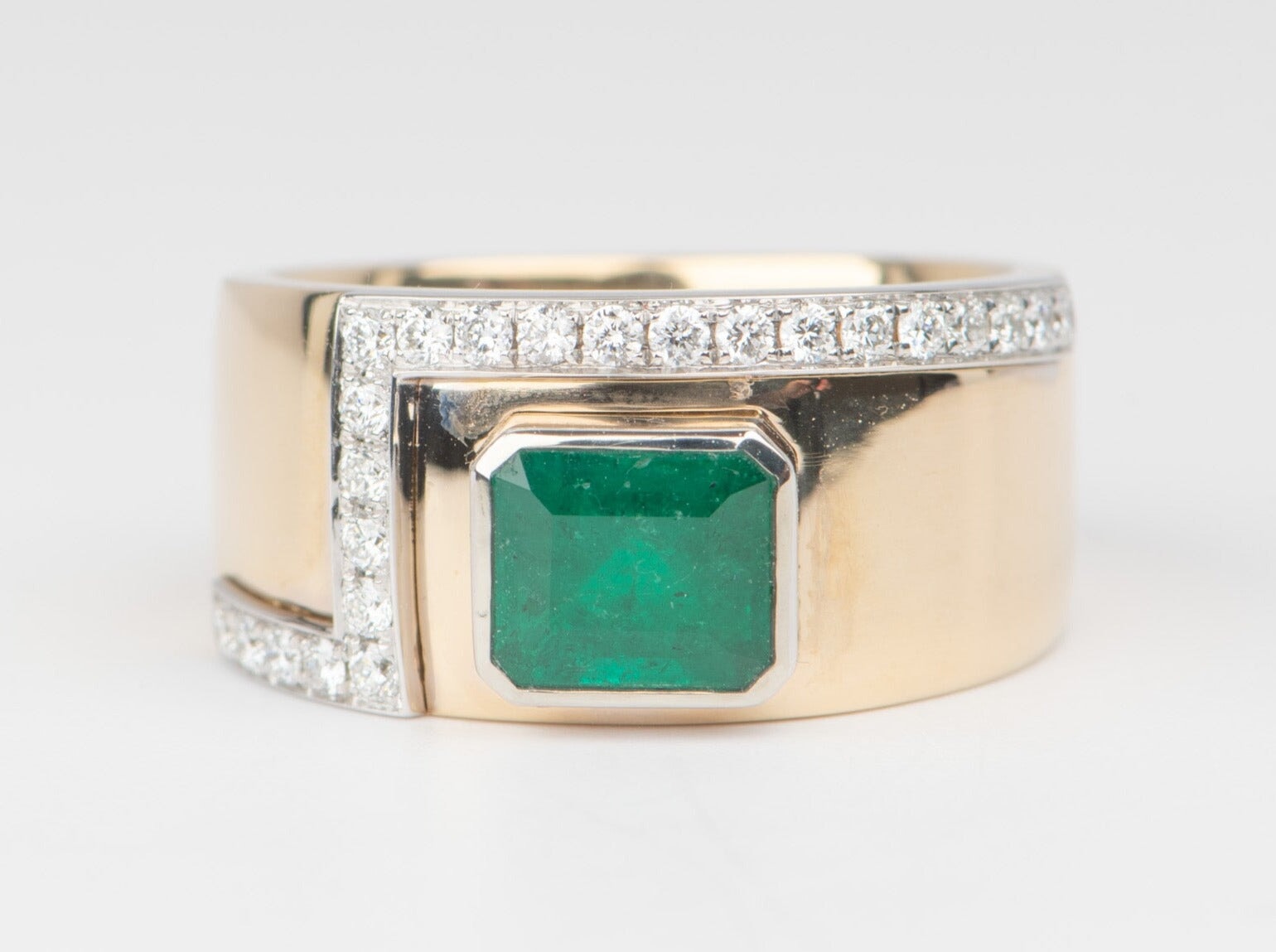 Emerald Bezel Set on 10.5mm Wide Band with Diamond Accent 14K Gold R6668 Aurora Designer