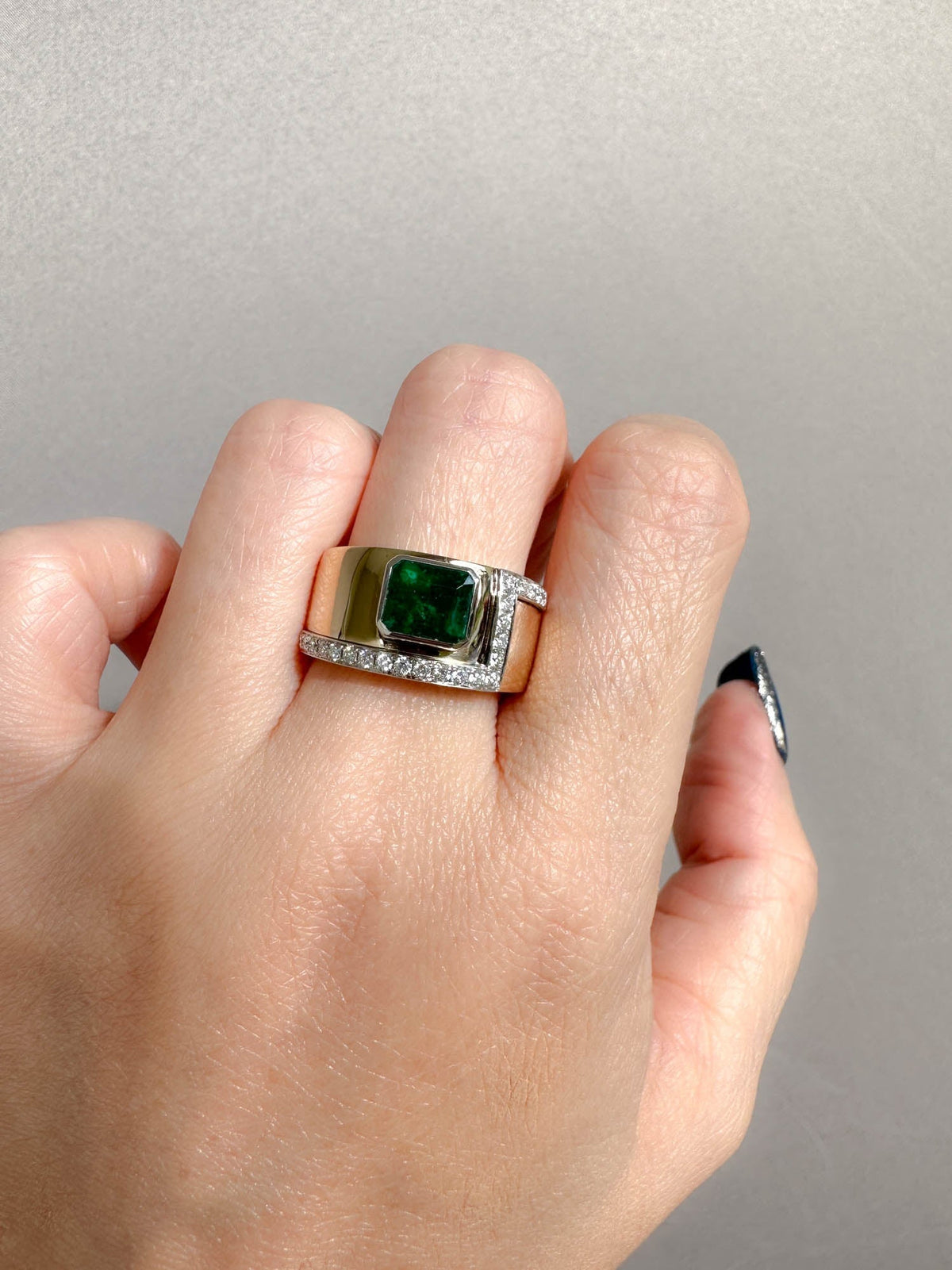 Emerald Bezel Set on 10.5mm Wide Band with Diamond Accent 14K Gold R6668 Aurora Designer