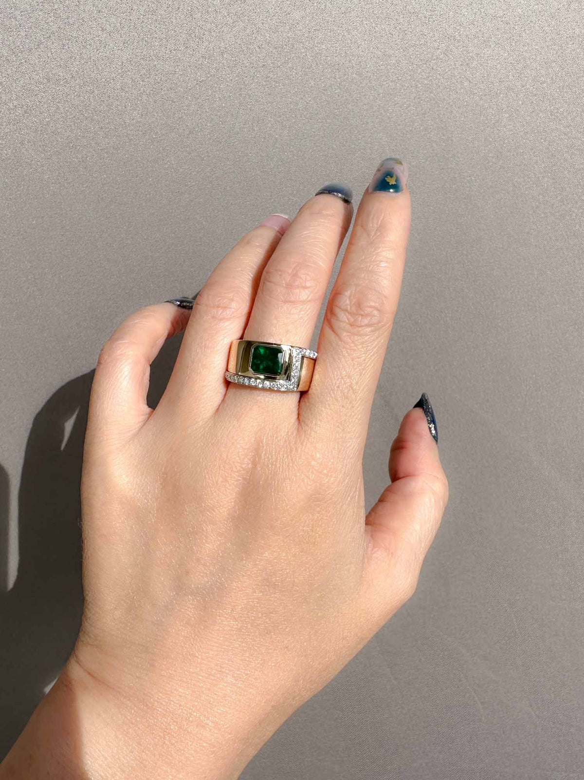 Emerald Bezel Set on 10.5mm Wide Band with Diamond Accent 14K Gold R6668 Aurora Designer