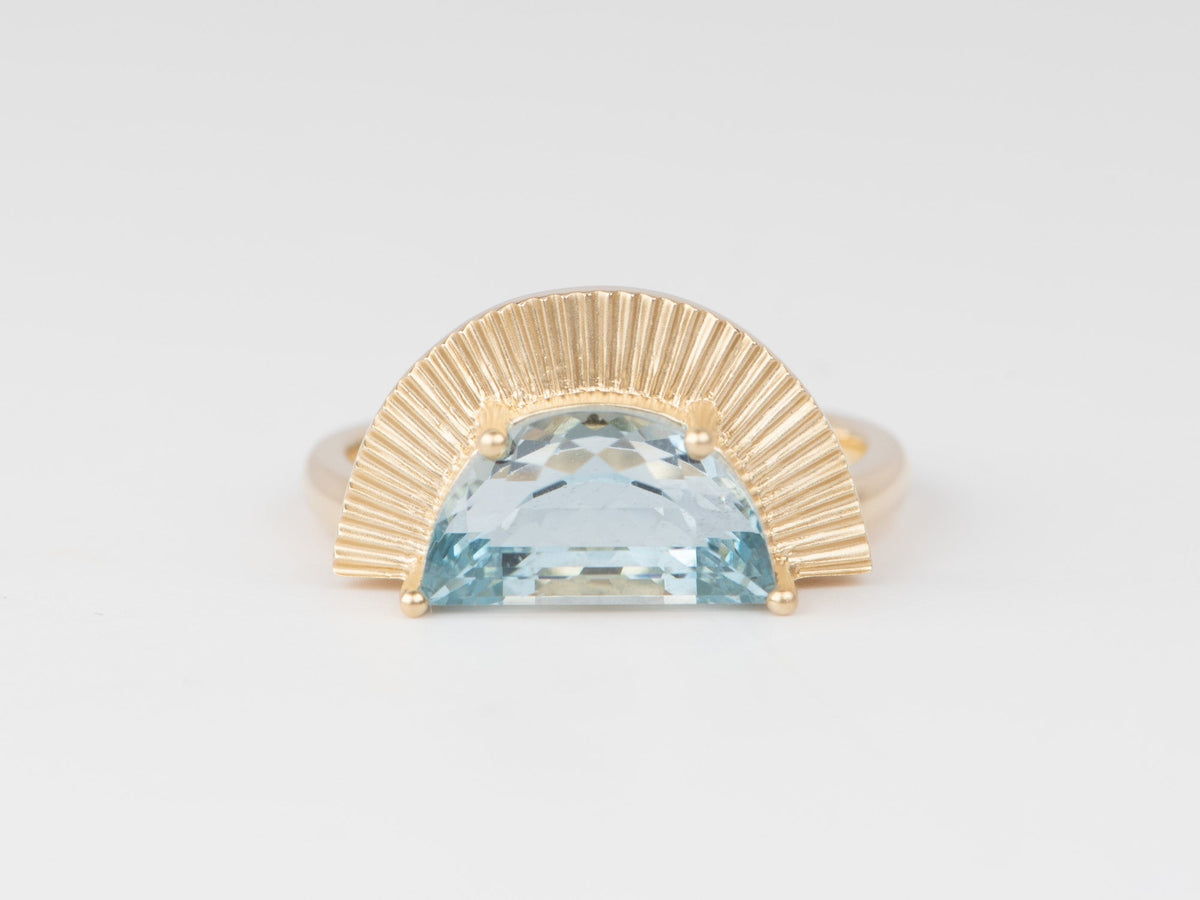 2.9ct Half Moon Shape Aquamarine with Sun Ray Ring 14K Gold R6669 Aurora Designer