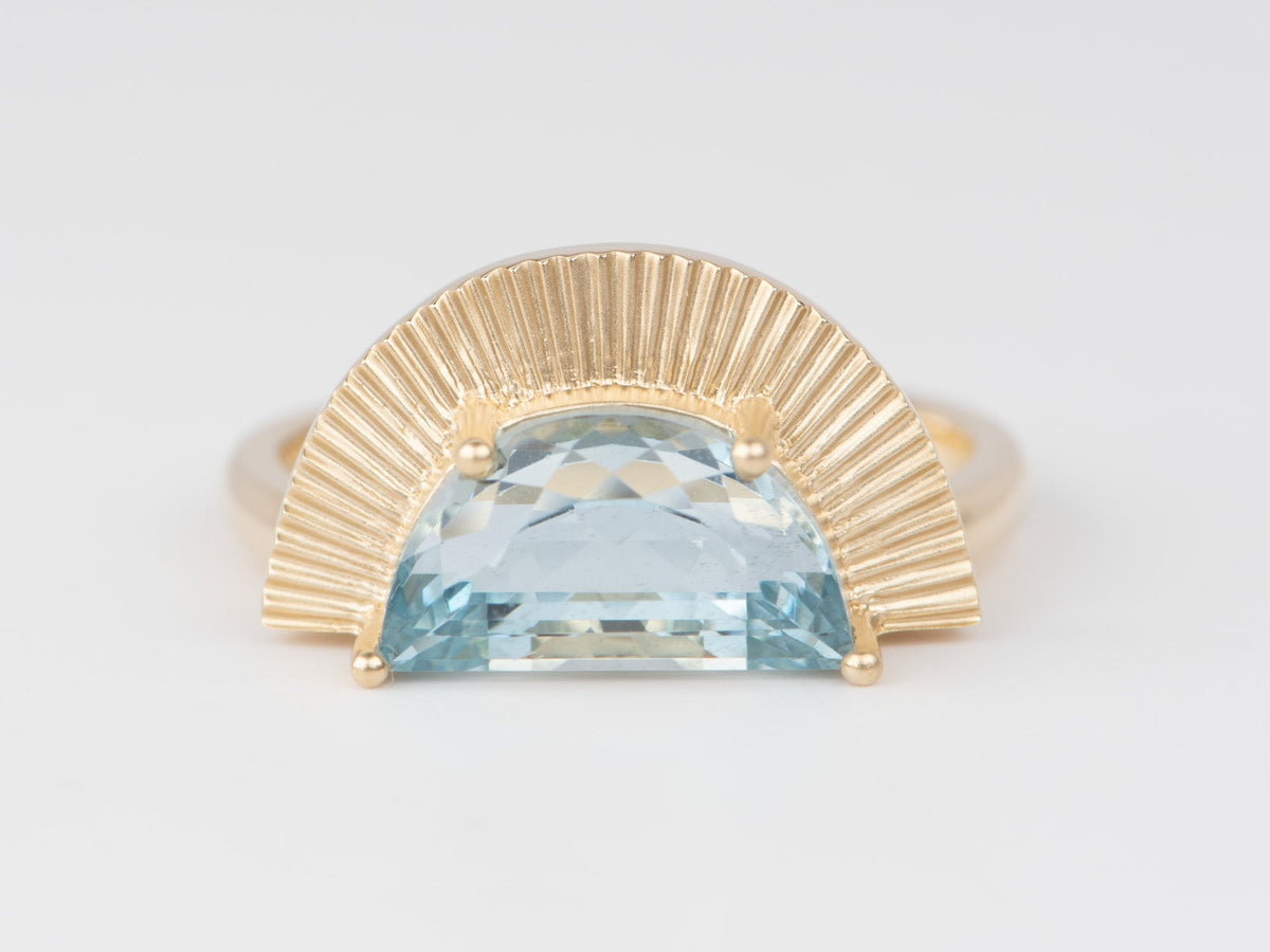2.9ct Half Moon Shape Aquamarine with Sun Ray Ring 14K Gold R6669 Aurora Designer