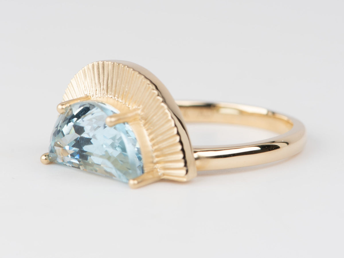 2.9ct Half Moon Shape Aquamarine with Sun Ray Ring 14K Gold R6669 Aurora Designer