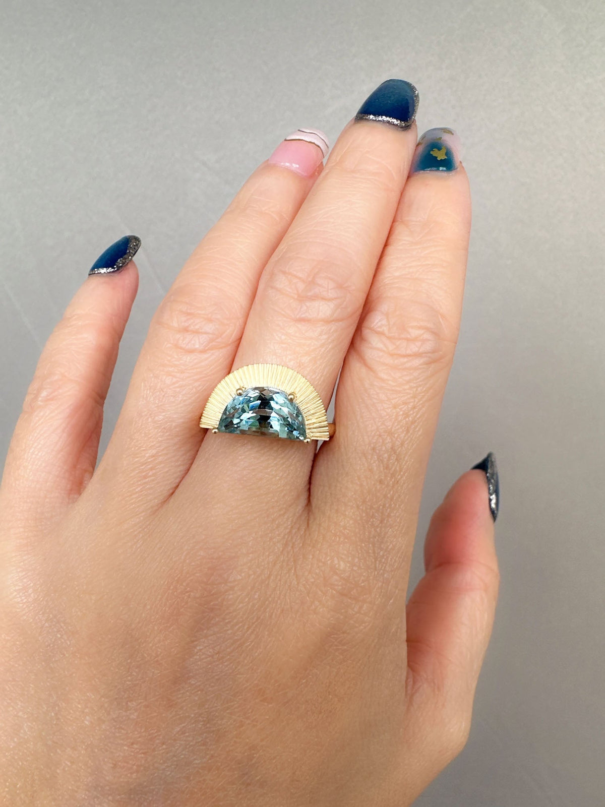 2.9ct Half Moon Shape Aquamarine with Sun Ray Ring 14K Gold R6669 Aurora Designer