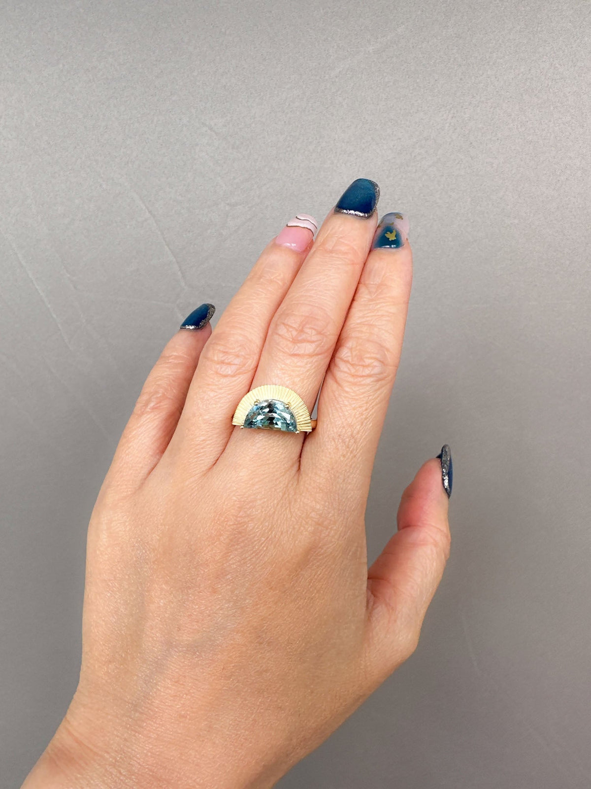 2.9ct Half Moon Shape Aquamarine with Sun Ray Ring 14K Gold R6669 Aurora Designer