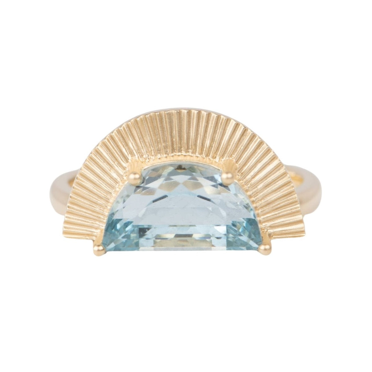 2.9ct Half Moon Shape Aquamarine with Sun Ray Ring 14K Gold R6669 Aurora Designer