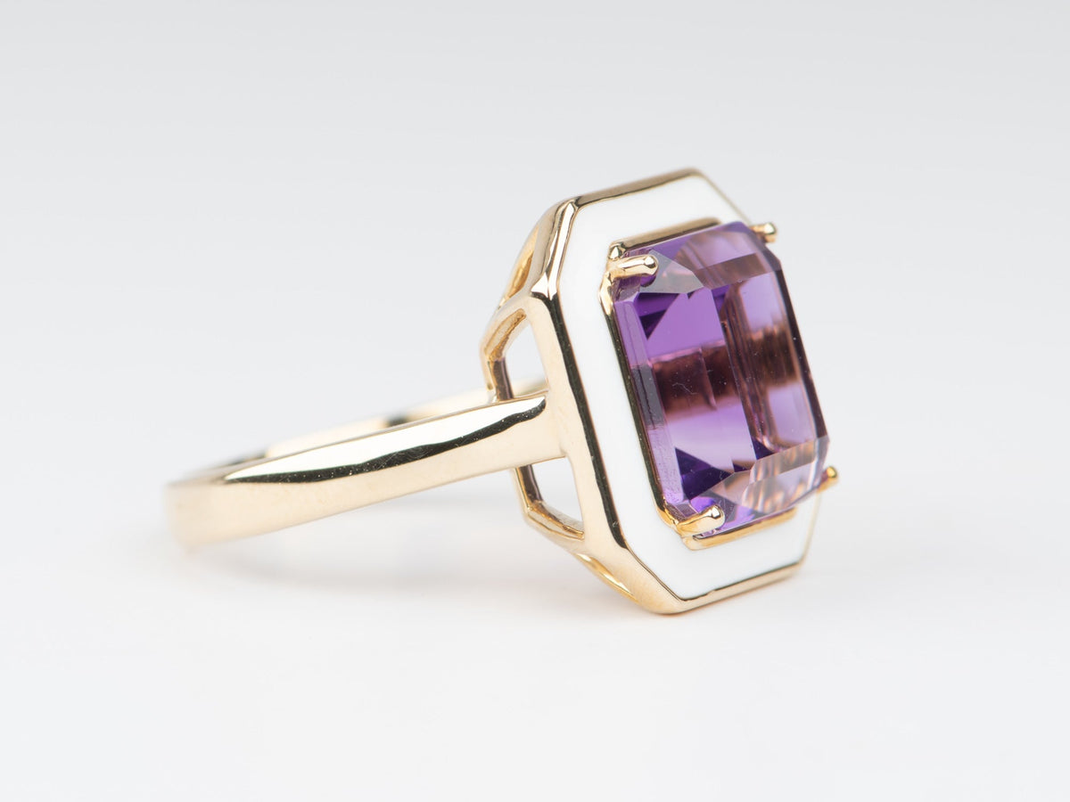 8ct Royal Amethyst with White Enamel Halo Statement Ring 9K Gold R6670 Aurora Designer