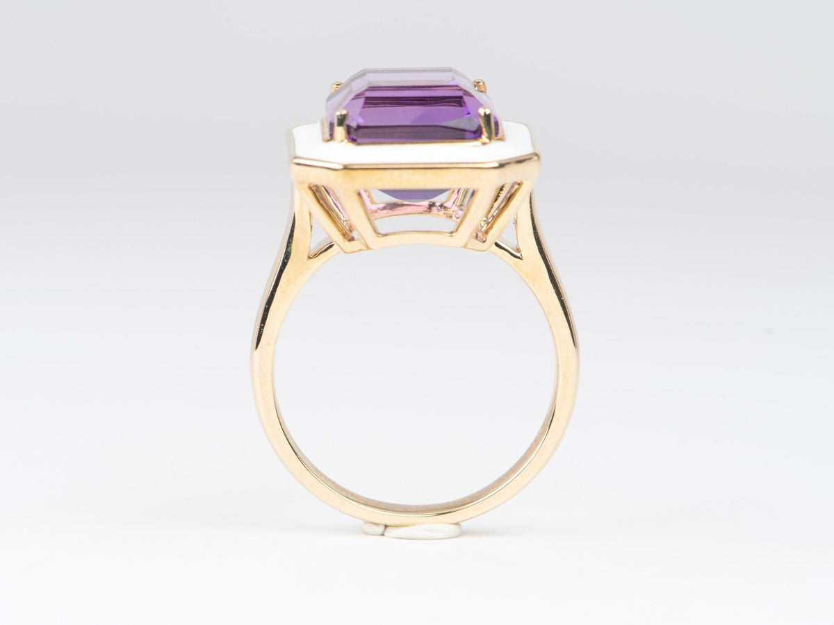 8ct Royal Amethyst with White Enamel Halo Statement Ring 9K Gold R6670 Aurora Designer