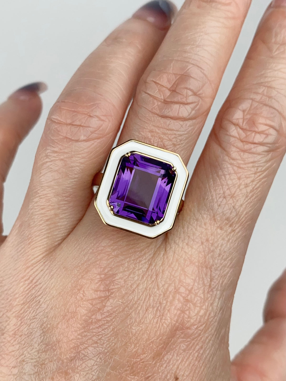 8ct Royal Amethyst with White Enamel Halo Statement Ring 9K Gold R6670 Aurora Designer