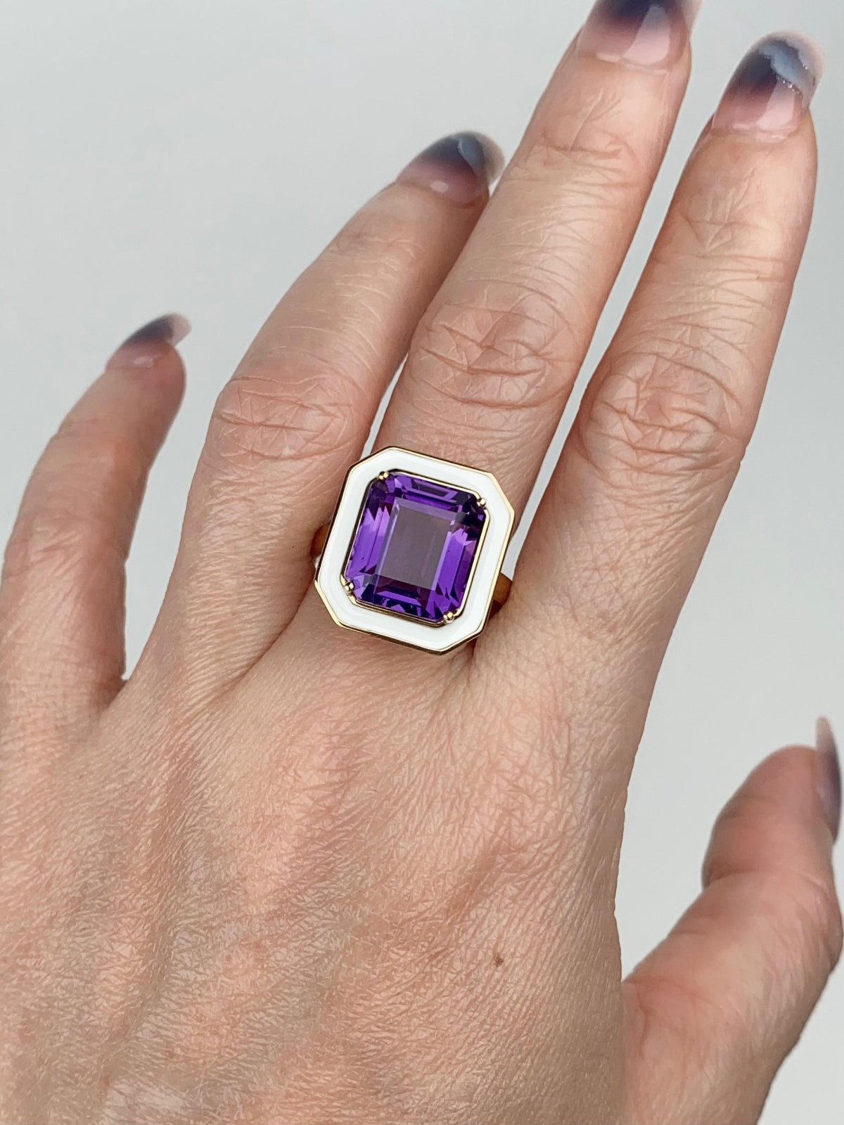 8ct Royal Amethyst with White Enamel Halo Statement Ring 9K Gold R6670 Aurora Designer