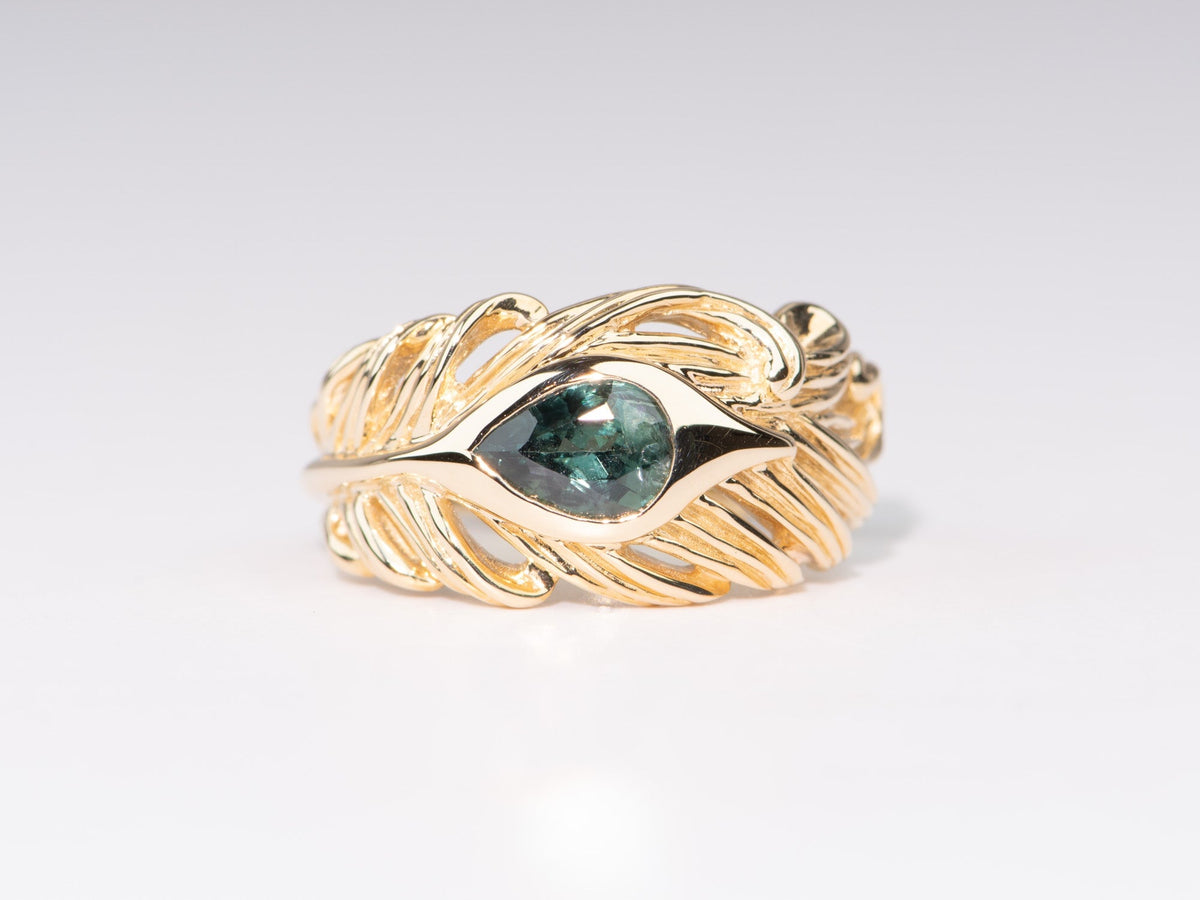 1ct Natural Teal Blue Nigerian Sapphire Hand-Carved Peacock Feather Ring 14K Gold R6671 Aurora Designer